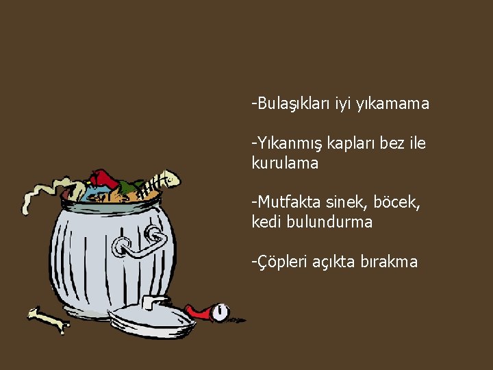 -Bulaşıkları iyi yıkamama -Yıkanmış kapları bez ile kurulama -Mutfakta sinek, böcek, kedi bulundurma -Çöpleri