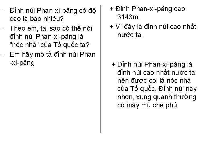 - Đỉnh núi Phan-xi-păng có độ cao là bao nhiêu? - Theo em, tại