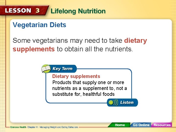 Vegetarian Diets Some vegetarians may need to take dietary supplements to obtain all the