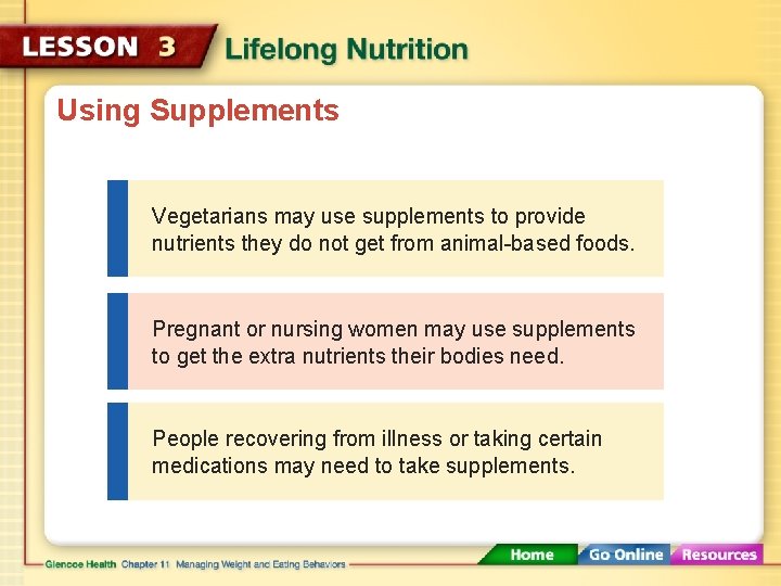 Using Supplements Vegetarians may use supplements to provide nutrients they do not get from
