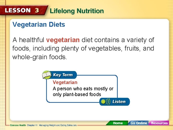 Vegetarian Diets A healthful vegetarian diet contains a variety of foods, including plenty of