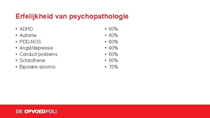 Erfelijkheid van psychopathologie • • ADHD Autisme PDD-NOS Angst/depressie Conduct problems Schizofrenie Bipolaire stoornis