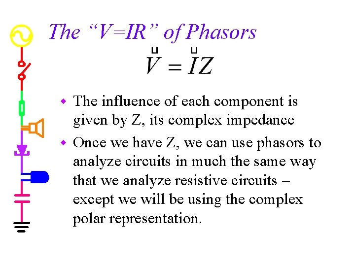 The “V=IR” of Phasors The influence of each component is given by Z, its