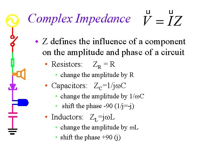 Complex Impedance w Z defines the influence of a component on the amplitude and