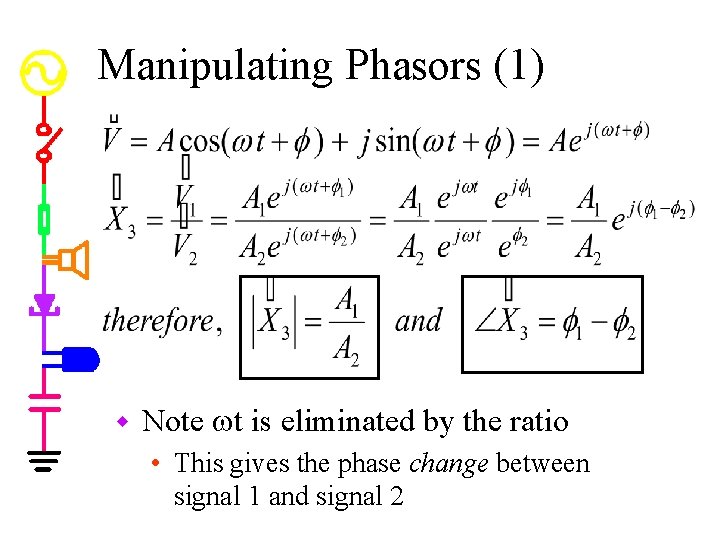 Manipulating Phasors (1) w Note wt is eliminated by the ratio • This gives