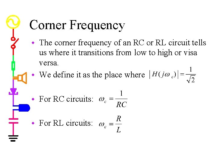 Corner Frequency The corner frequency of an RC or RL circuit tells us where