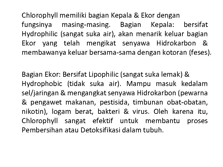 Chlorophyll memiliki bagian Kepala & Ekor dengan fungsinya masing-masing. Bagian Kepala: bersifat Hydrophilic (sangat