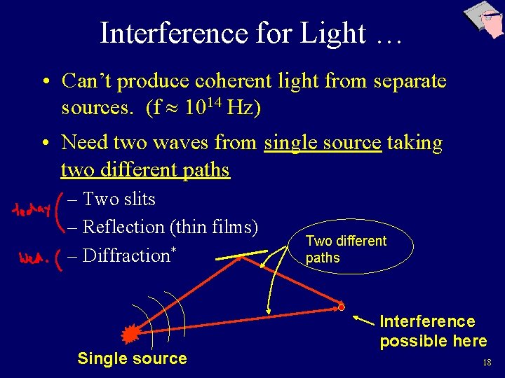 Interference for Light … • Can’t produce coherent light from separate sources. (f 1014