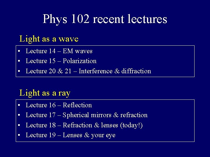 Phys 102 recent lectures Light as a wave • Lecture 14 – EM waves