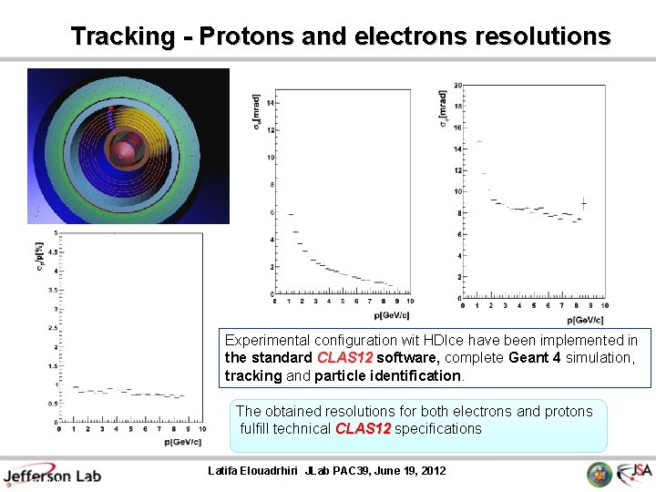 Tracking - Protons and electrons resolutions Experimental configuration wit HDIce have been implemented in