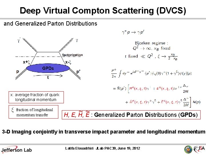 Deep Virtual Compton Scattering (DVCS) and Generalized Parton Distributions x: average fraction of quark