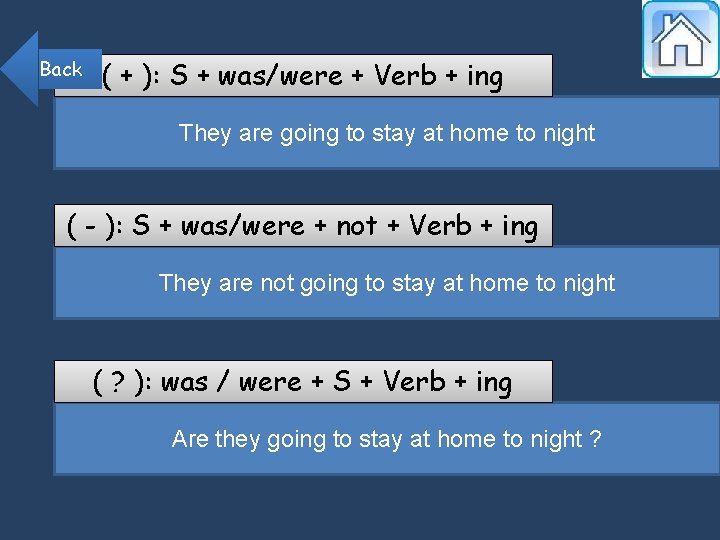 Back ( + ): S + was/were + Verb + ing They are going