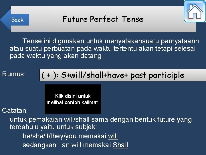 Back Future Perfect Tense ini digunakan untuk menyatakansuatu pernyataann atau suatu perbuatan pada waktu
