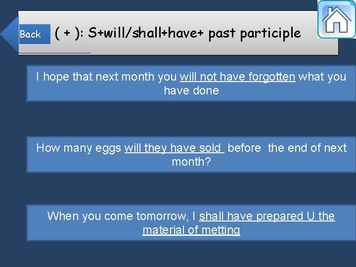 Back ( + ): S+will/shall+have+ past participle I hope that next month you will