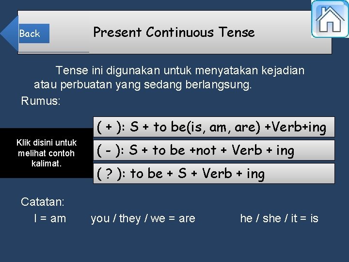 Back Present Continuous Tense ini digunakan untuk menyatakan kejadian atau perbuatan yang sedang berlangsung.