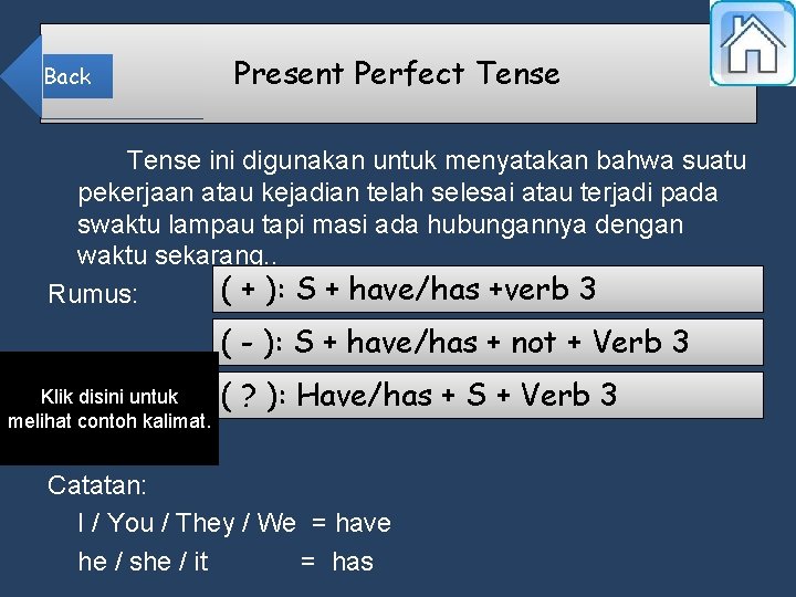 Back Present Perfect Tense ini digunakan untuk menyatakan bahwa suatu pekerjaan atau kejadian telah