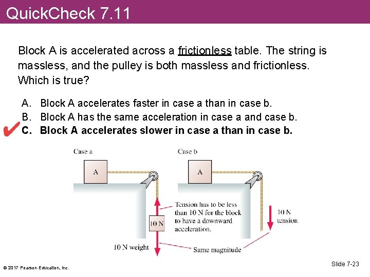 Quick. Check 7. 11 Block A is accelerated across a frictionless table. The string