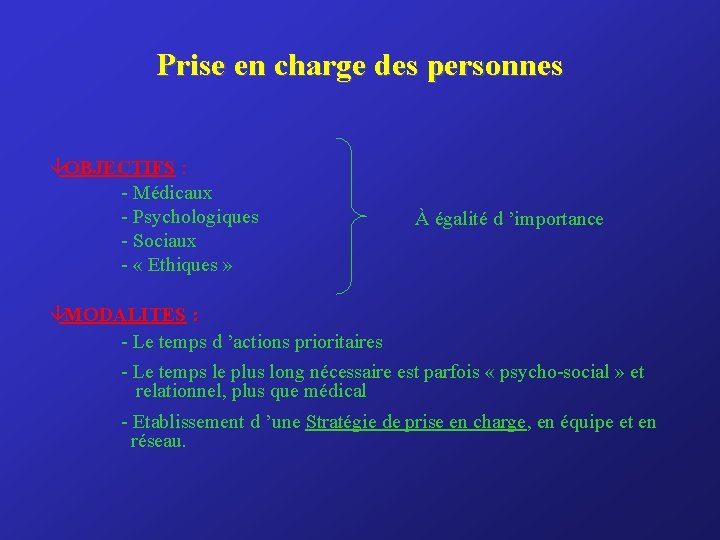 Prise en charge des personnes âOBJECTIFS : - Médicaux - Psychologiques - Sociaux -