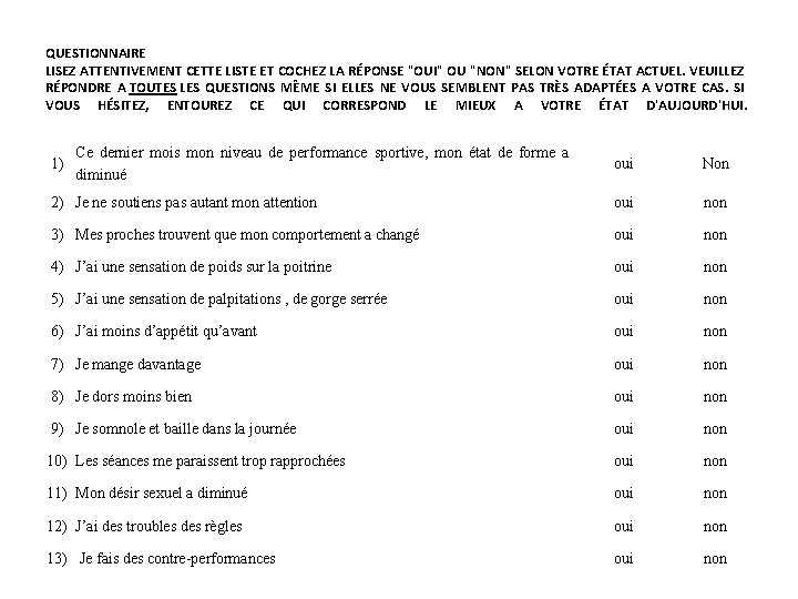 QUESTIONNAIRE LISEZ ATTENTIVEMENT CETTE LISTE ET COCHEZ LA RÉPONSE "OUI" OU "NON" SELON VOTRE