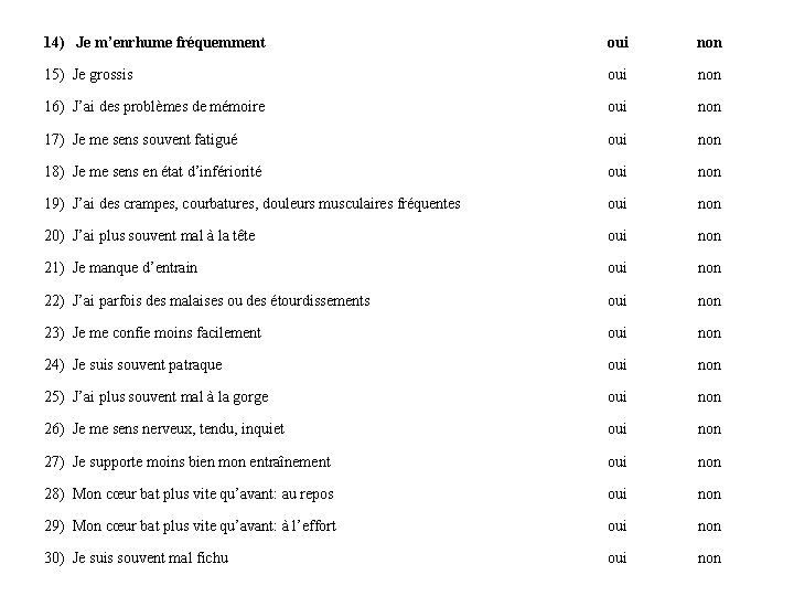 14) Je m’enrhume fréquemment oui non 15) Je grossis oui non 16) J’ai des