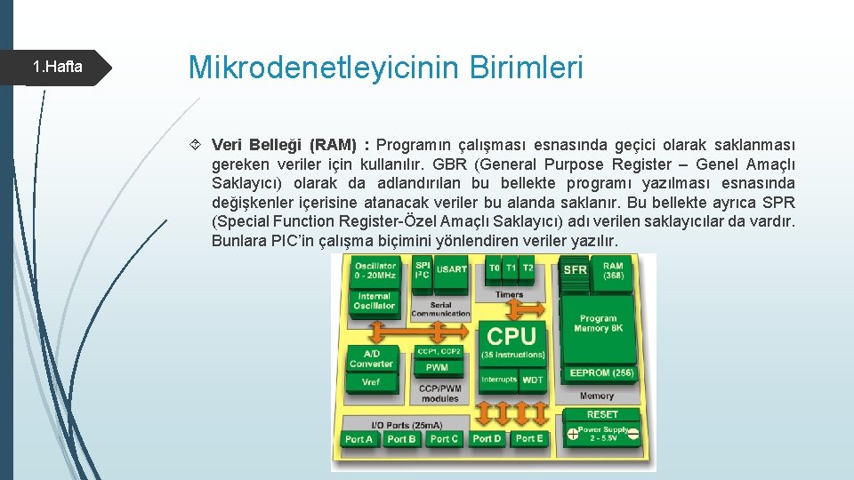 1. Hafta Mikrodenetleyicinin Birimleri Veri Belleği (RAM) : Programın çalışması esnasında geçici olarak saklanması