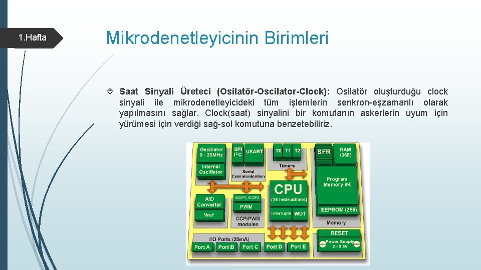 1. Hafta Mikrodenetleyicinin Birimleri Saat Sinyali Üreteci (Osilatör-Oscilator-Clock): Osilatör oluşturduğu clock sinyali ile mikrodenetleyicideki