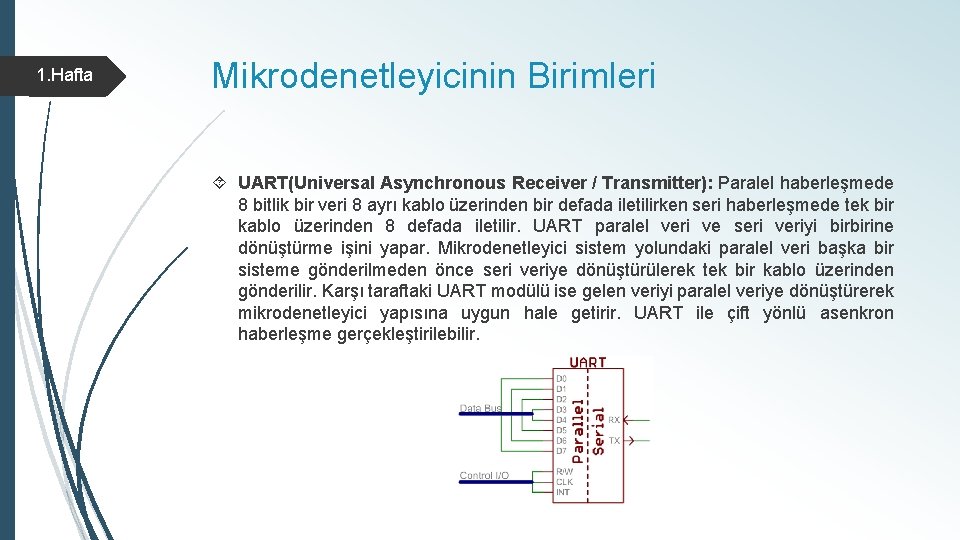 1. Hafta Mikrodenetleyicinin Birimleri UART(Universal Asynchronous Receiver / Transmitter): Paralel haberleşmede 8 bitlik bir