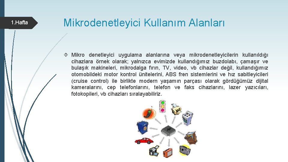 1. Hafta Mikrodenetleyici Kullanım Alanları Mikro denetleyici uygulama alanlarına veya mikrodenetleyicilerin kullanıldığı cihazlara örnek