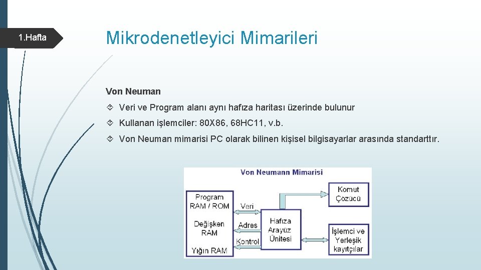 1. Hafta Mikrodenetleyici Mimarileri Von Neuman Veri ve Program alanı aynı hafıza haritası üzerinde