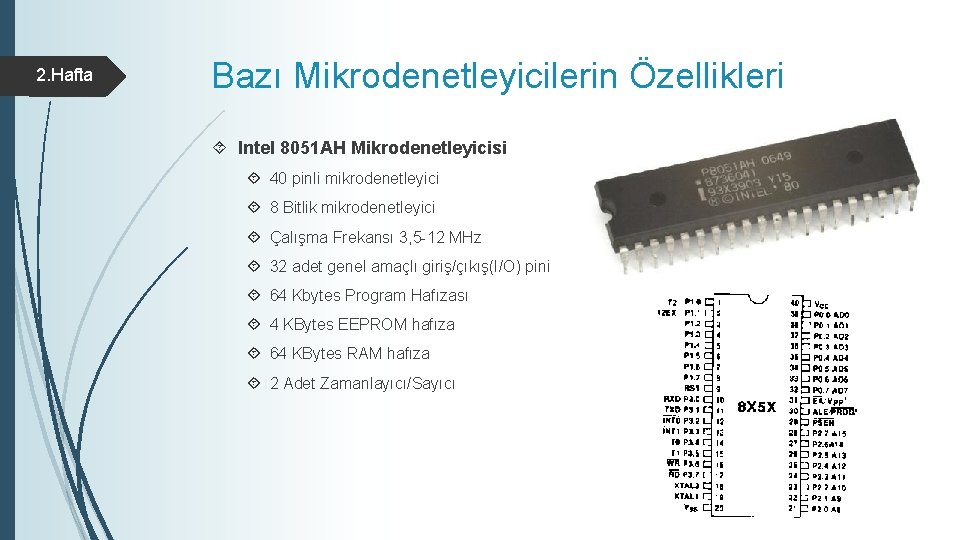 2. Hafta Bazı Mikrodenetleyicilerin Özellikleri Intel 8051 AH Mikrodenetleyicisi 40 pinli mikrodenetleyici 8 Bitlik