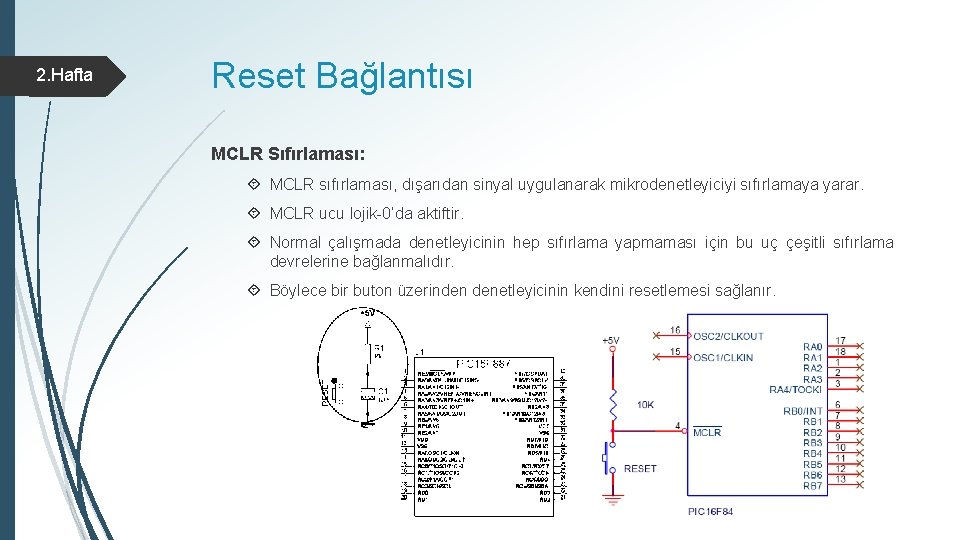 2. Hafta Reset Bağlantısı MCLR Sıfırlaması: MCLR sıfırlaması, dışarıdan sinyal uygulanarak mikrodenetleyiciyi sıfırlamaya yarar.