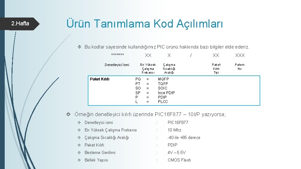 2. Hafta Ürün Tanımlama Kod Açılımları Bu kodlar sayesinde kullandığımız PIC ürünü hakkında bazı