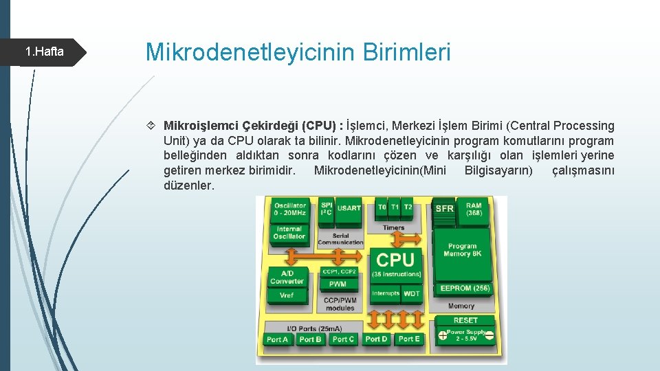 1. Hafta Mikrodenetleyicinin Birimleri Mikroişlemci Çekirdeği (CPU) : İşlemci, Merkezi İşlem Birimi (Central Processing