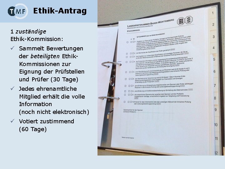 Ethik-Antrag 1 zuständige Ethik-Kommission: ü Sammelt Bewertungen der beteiligten Ethik. Kommissionen zur Eignung der