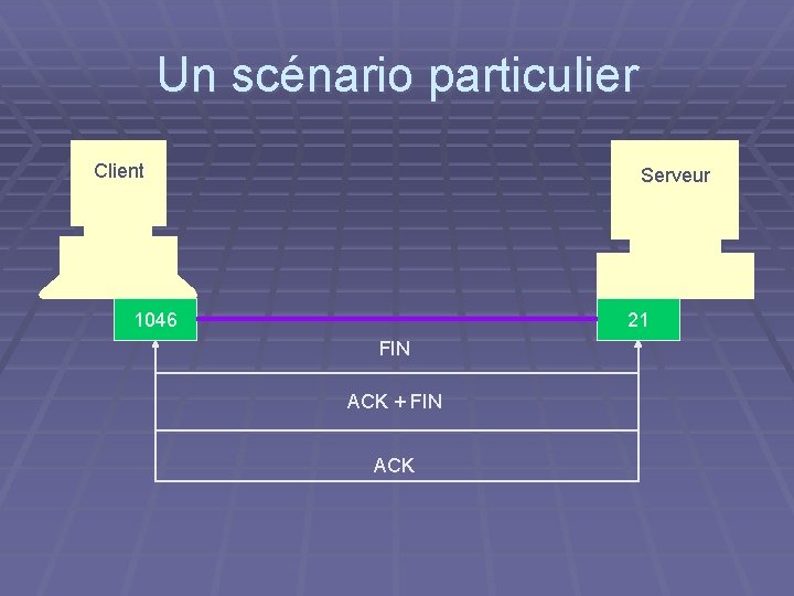 Un scénario particulier Client Serveur 1046 21 FIN ACK + FIN ACK 