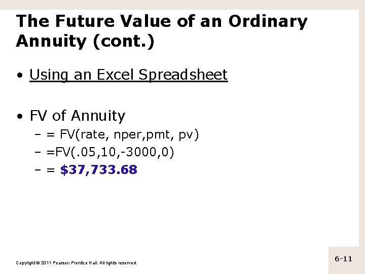 The Future Value of an Ordinary Annuity (cont. ) • Using an Excel Spreadsheet