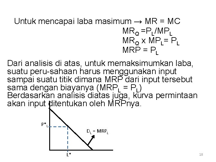 Untuk mencapai laba masimum → MR = MC MRQ =PL/MPL MRQ x MPL= PL