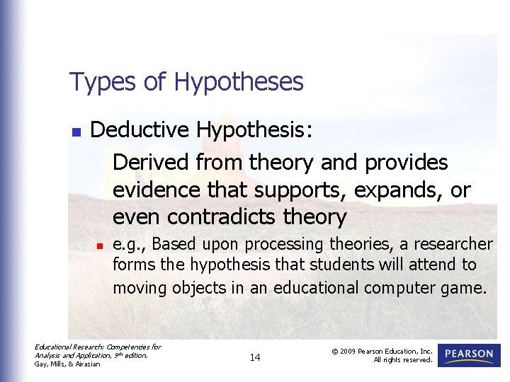 Types of Hypotheses n Deductive Hypothesis: Derived from theory and provides evidence that supports, Types of Hypotheses n Deductive Hypothesis: Derived from theory and provides evidence that supports,