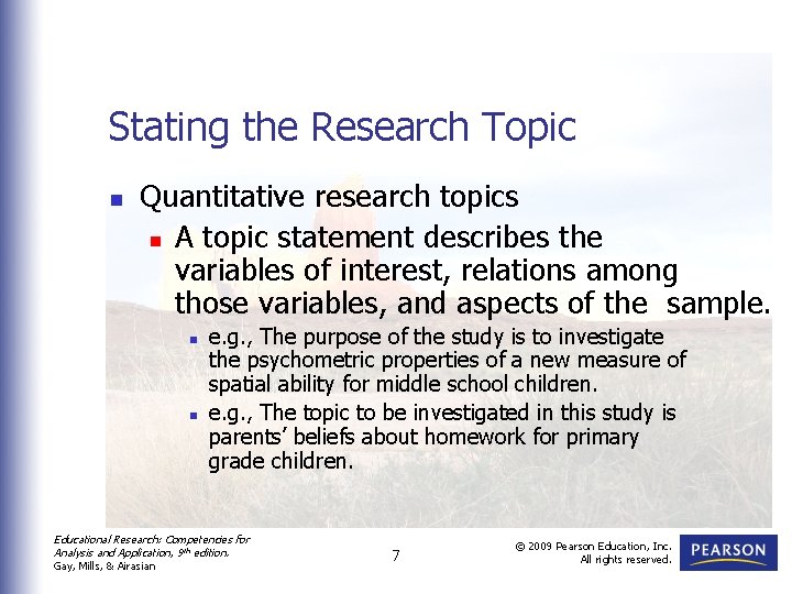 Stating the Research Topic n Quantitative research topics n A topic statement describes the Stating the Research Topic n Quantitative research topics n A topic statement describes the