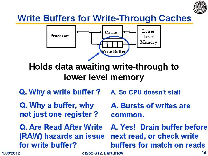 Write Buffers for Write-Through Caches Cache Processor Lower Level Memory Write Buffer Holds data
