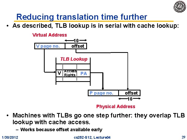 Reducing translation time further • As described, TLB lookup is in serial with cache