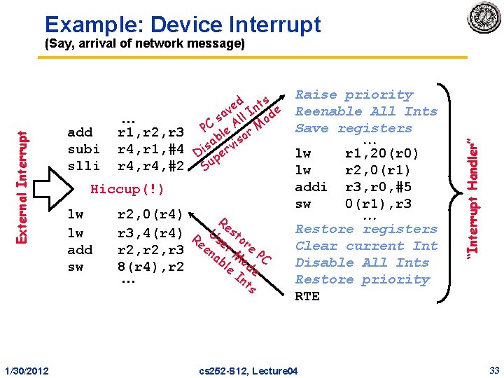 Example: Device Interrupt 1/30/2012 add subi slli r 1, r 2, r 3 r