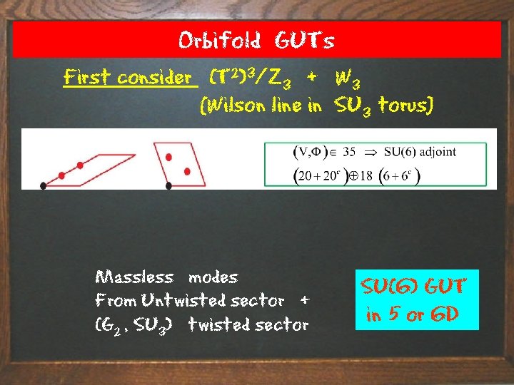 Orbifold GUTs First consider (T 2)3/Z 3 + W 3 [Wilson line in SU