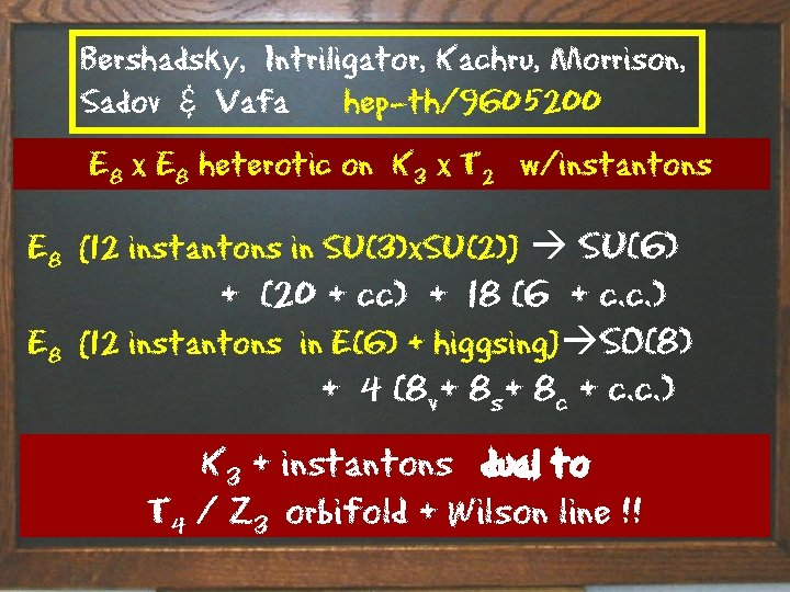 Bershadsky, Intriligator, Kachru, Morrison, Sadov & Vafa hep-th/9605200 E 8 x E 8 heterotic
