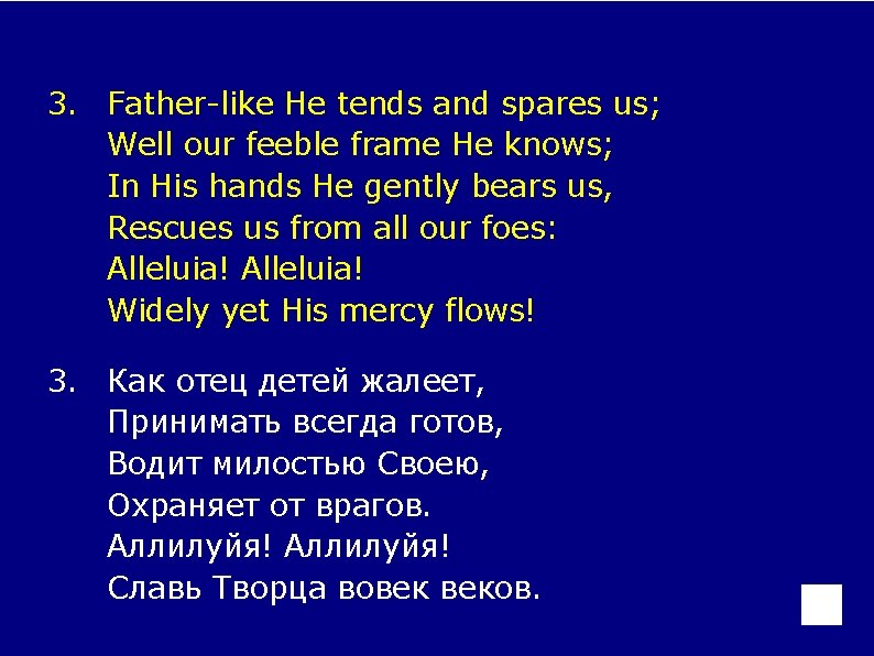 3. Father-like He tends and spares us; Well our feeble frame He knows; In