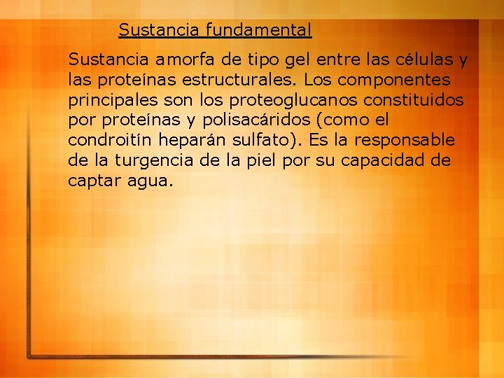 Sustancia fundamental Sustancia amorfa de tipo gel entre las células y las proteínas estructurales.