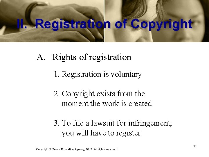 II. Registration of Copyright A. Rights of registration 1. Registration is voluntary 2. Copyright