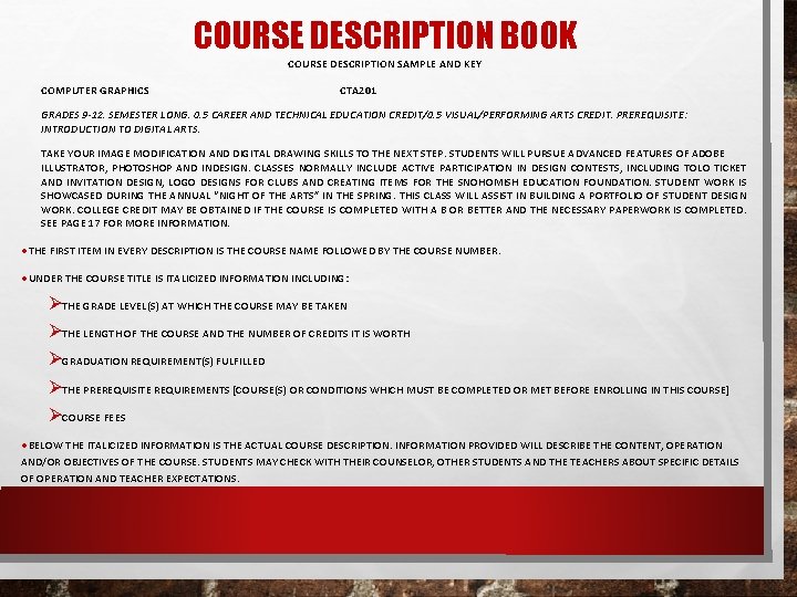COURSE DESCRIPTION BOOK COURSE DESCRIPTION SAMPLE AND KEY COMPUTER GRAPHICS CTA 201 GRADES 9