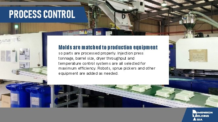 Molds are matched to production equipment so parts are processed properly. Injection press tonnage,