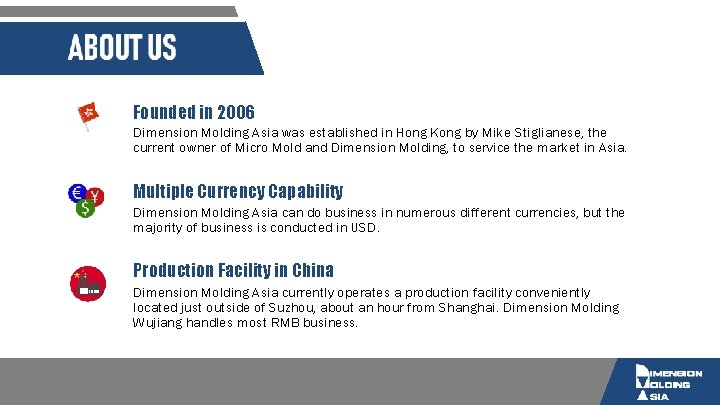 Founded in 2006 Dimension Molding Asia was established in Hong Kong by Mike Stiglianese,